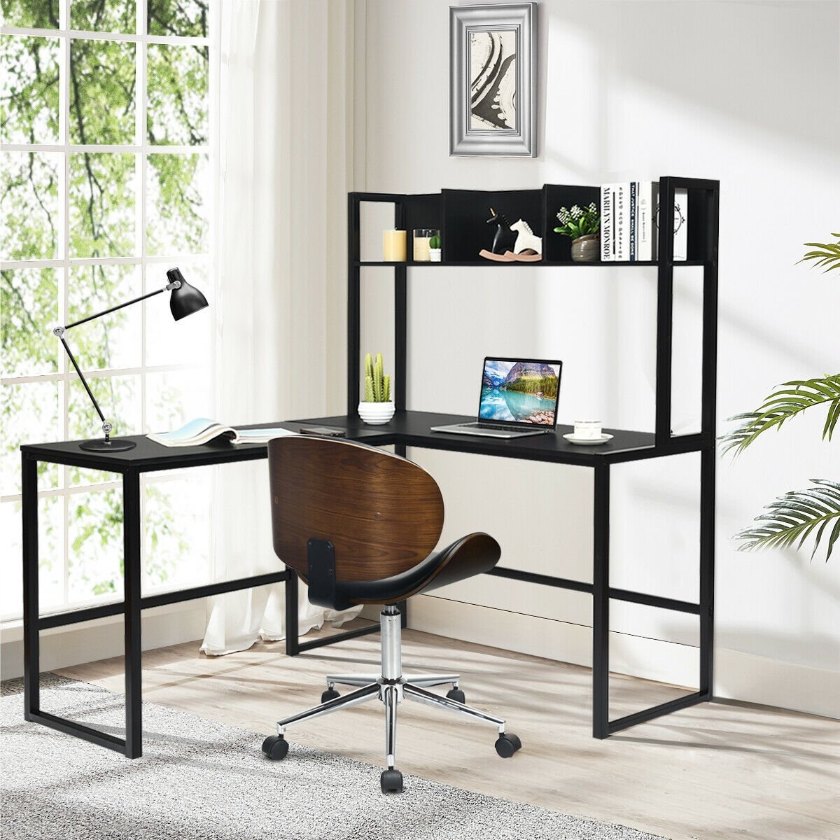 Industrial L-Shaped Desk Bookshelf 55 Inch Corner Computer Gaming Table-Black view 2