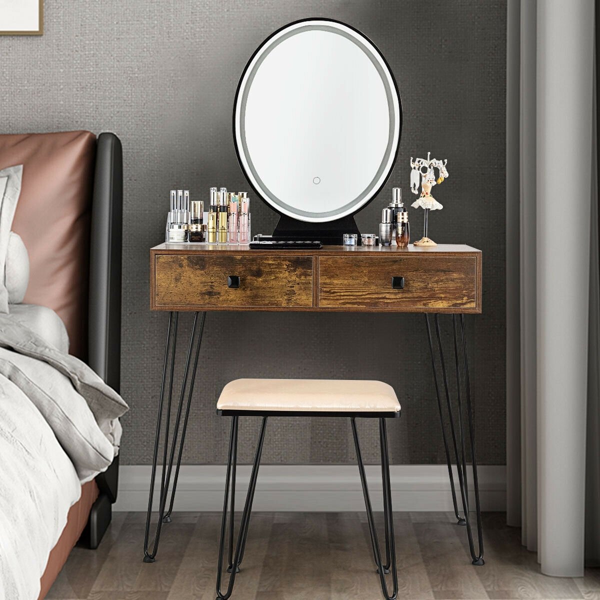 Industrial Makeup Dressing Table with 3 Lighting Modes-Rustic Brown view 2
