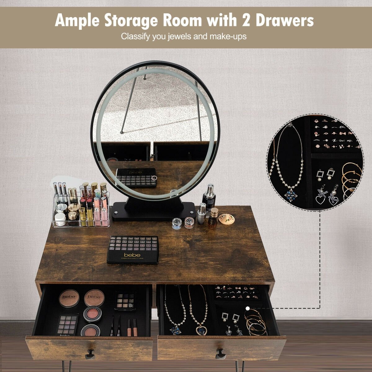 Industrial Makeup Dressing Table with 3 Lighting Modes-Rustic Brown view 3