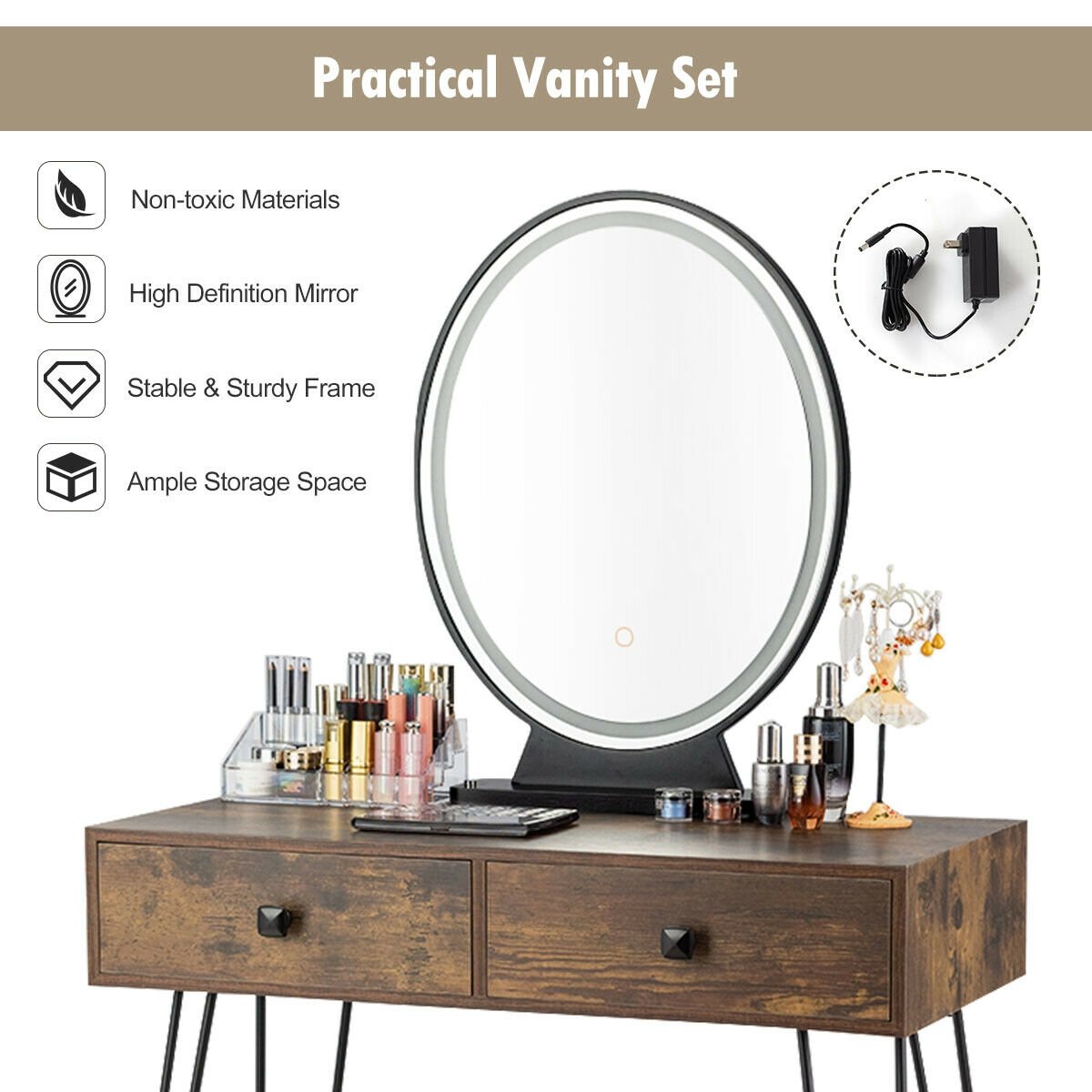 Industrial Makeup Dressing Table with 3 Lighting Modes-Rustic Brown view 9