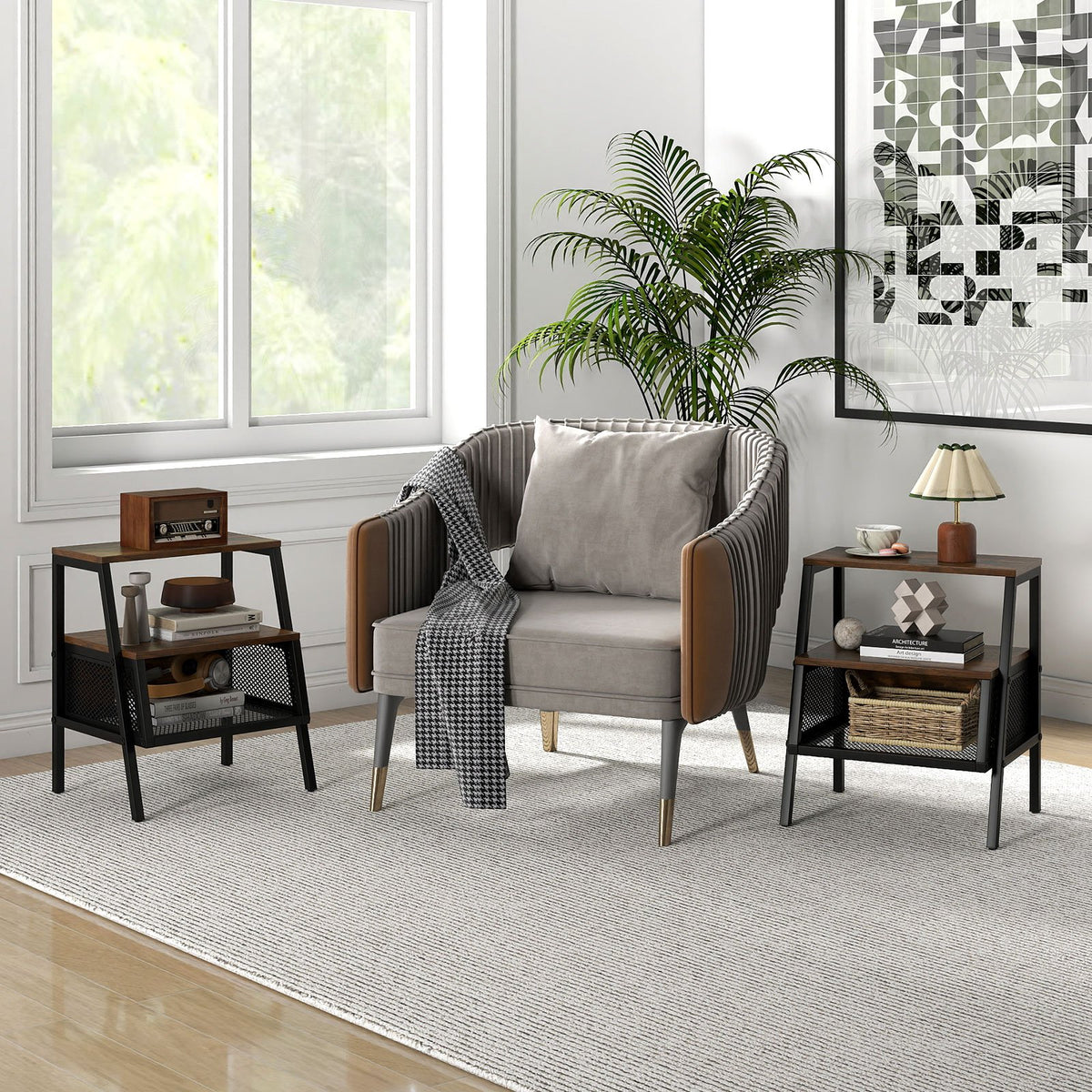 Industrial Nightstand 3-Tier End Table Set of 2 with 2 Open Shelves and Metal Mesh Compartment-Rustic Brown view 2