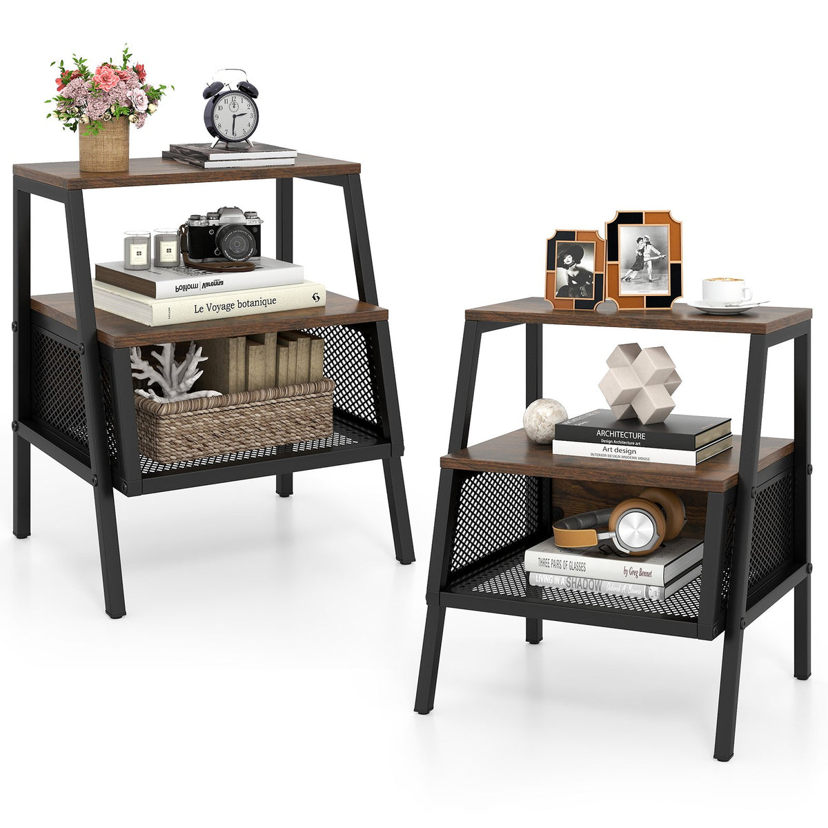 Industrial Nightstand 3-Tier End Table Set of 2 with 2 Open Shelves and Metal Mesh Compartment-Rustic Brown view 4