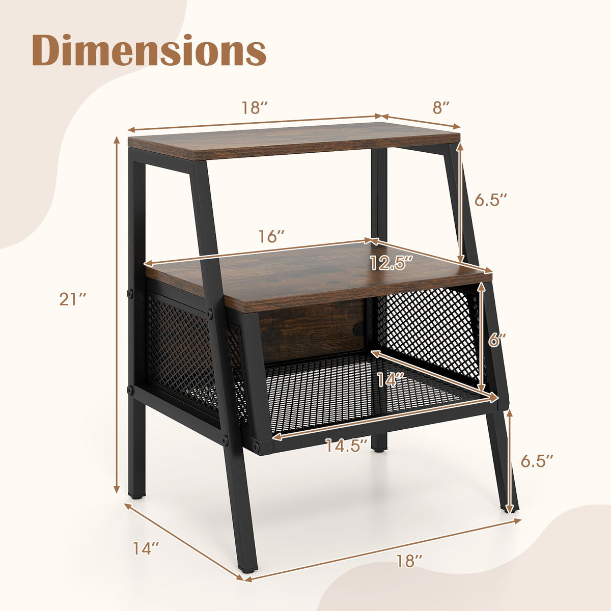 Industrial Nightstand 3-Tier End Table Set of 2 with 2 Open Shelves and Metal Mesh Compartment-Rustic Brown view 5