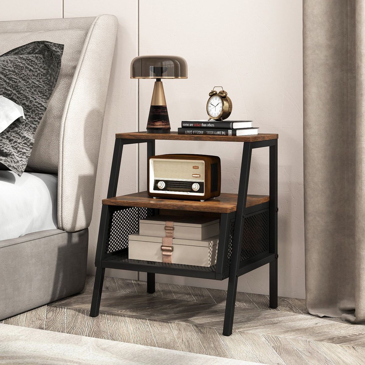 Industrial Nightstand 3-Tier End Table Set of 2 with 2 Open Shelves and Metal Mesh Compartment-Rustic Brown view 6