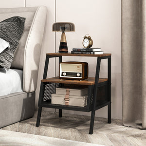 Industrial Nightstand 3-Tier End Table Set of 2 with 2 Open Shelves and Metal Mesh Compartment-Rustic Brown view 6