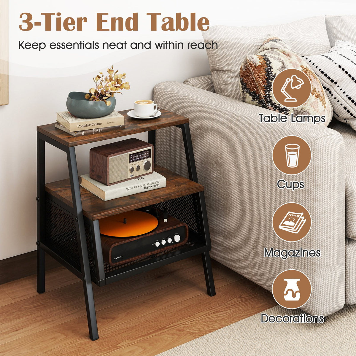Industrial Nightstand 3-Tier End Table Set of 2 with 2 Open Shelves and Metal Mesh Compartment-Rustic Brown view 8