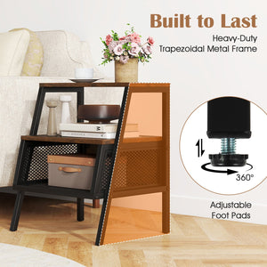 Industrial Nightstand 3-Tier End Table Set of 2 with 2 Open Shelves and Metal Mesh Compartment-Rustic Brown view 9