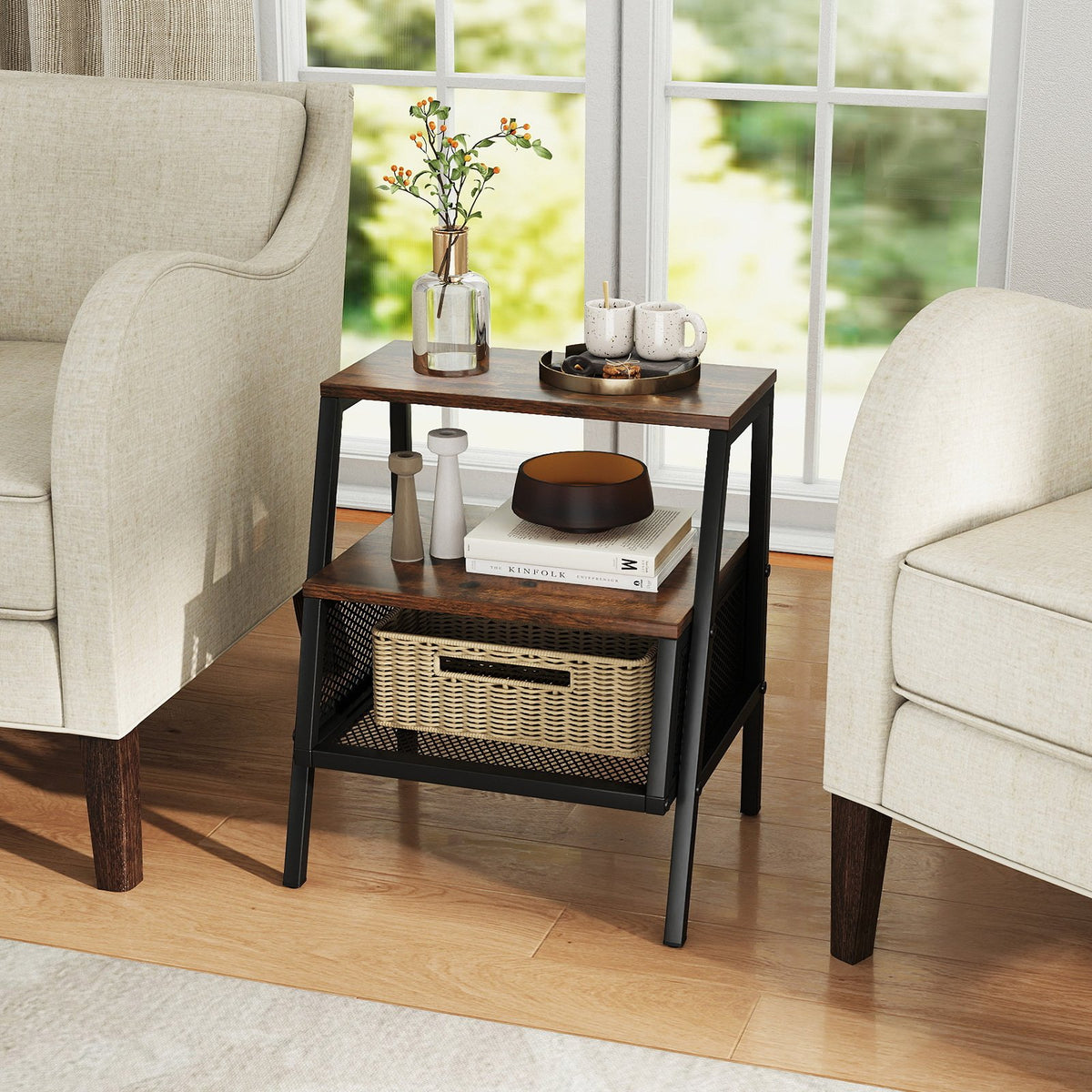 Industrial Nightstand 3-Tier End Table with 2 Open Shelves and Metal Mesh Compartment-Rustic Brown view 2
