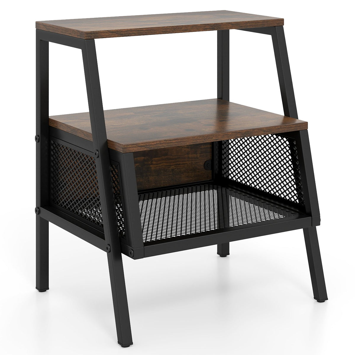 Industrial Nightstand 3-Tier End Table with 2 Open Shelves and Metal Mesh Compartment-Rustic Brown view 4