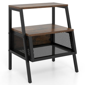 Industrial Nightstand 3-Tier End Table with 2 Open Shelves and Metal Mesh Compartment-Rustic Brown view 4