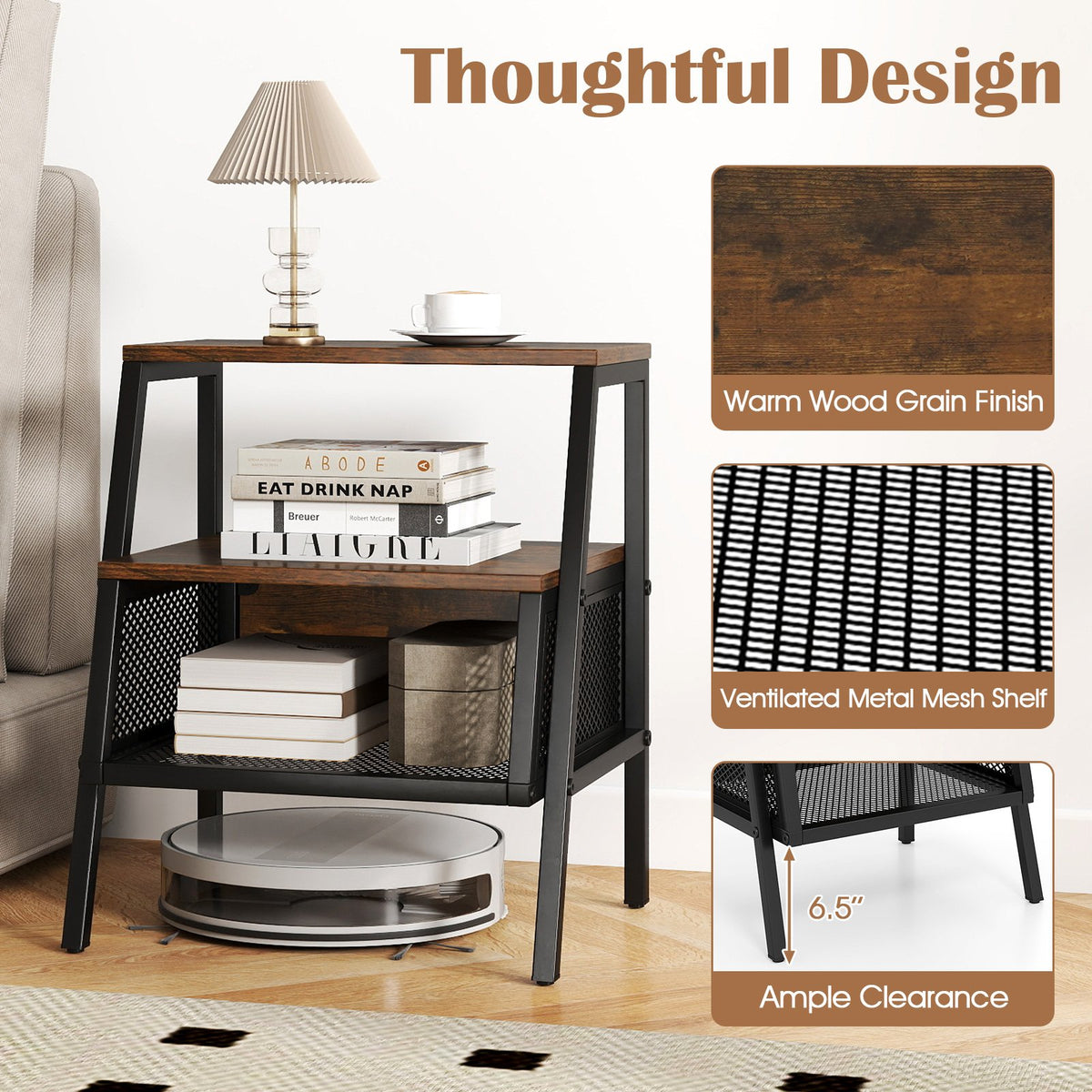 Industrial Nightstand 3-Tier End Table with 2 Open Shelves and Metal Mesh Compartment-Rustic Brown view 8