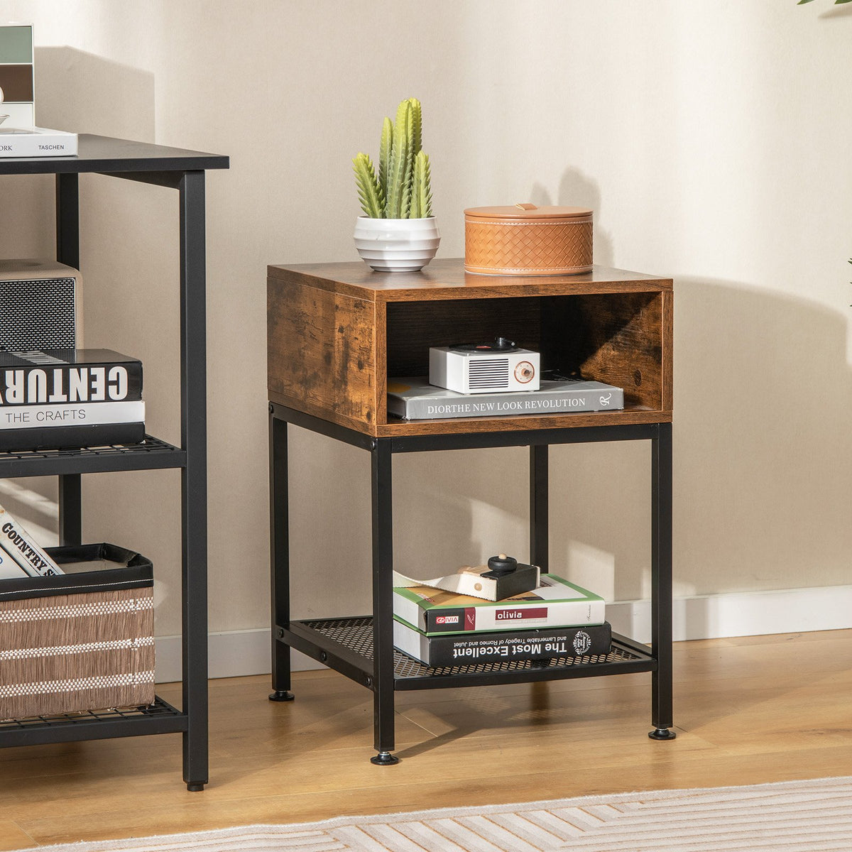 Industrial Nightstand End Side Table with Mesh Shelf view 2