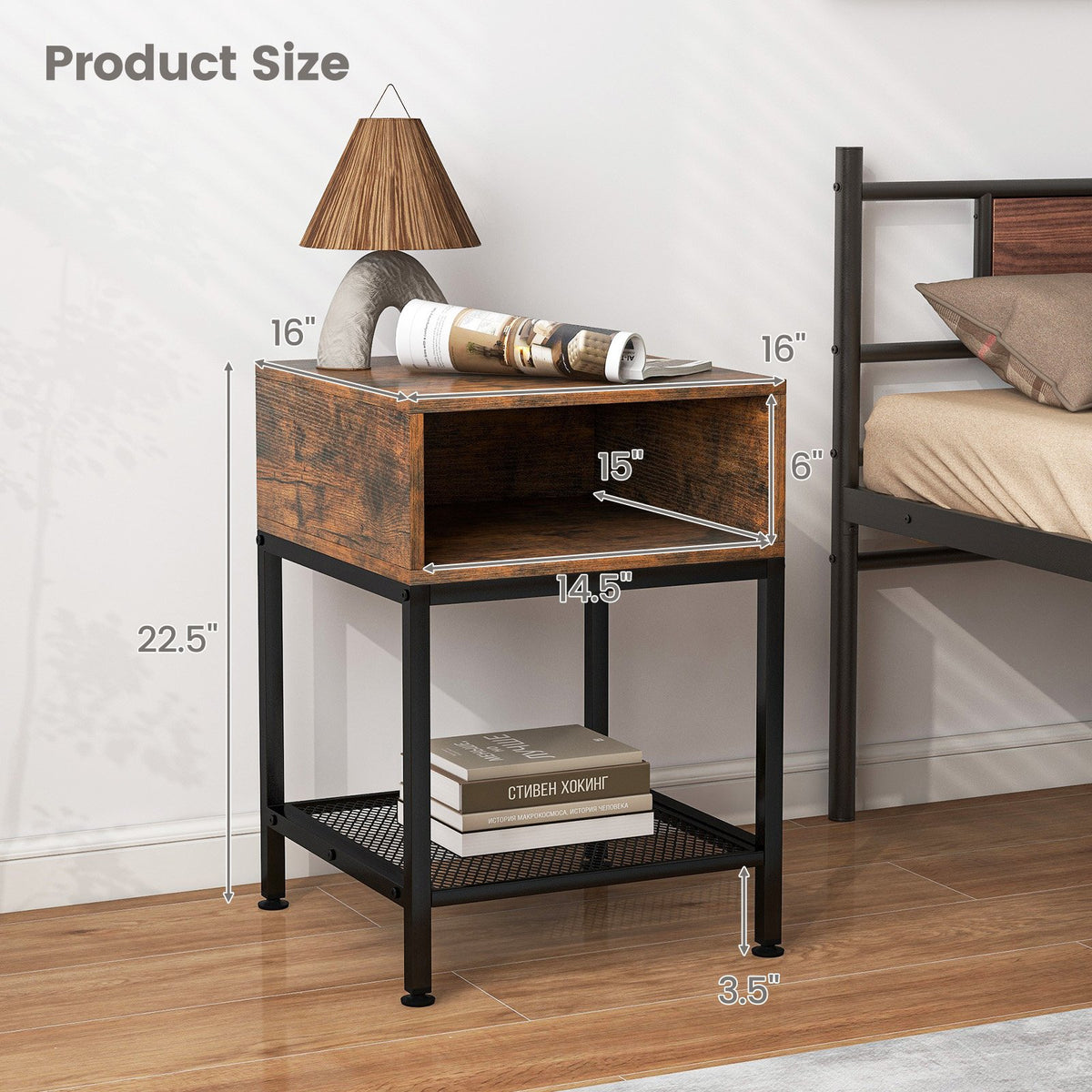 Industrial Nightstand End Side Table with Mesh Shelf view 5