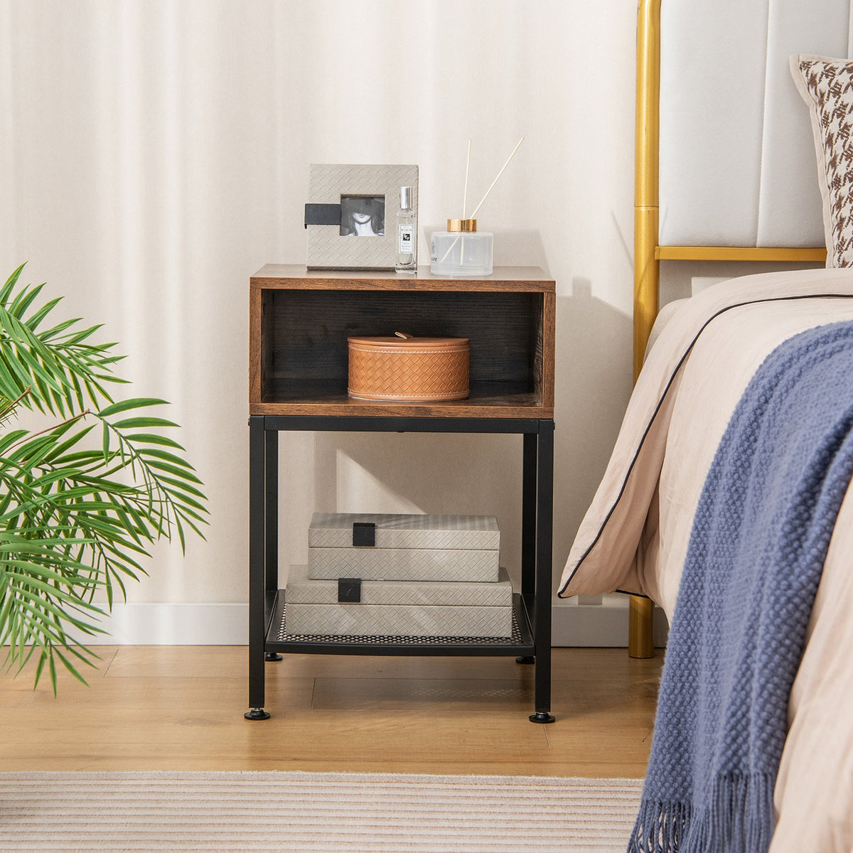 Industrial Nightstand End Side Table with Mesh Shelf view 6