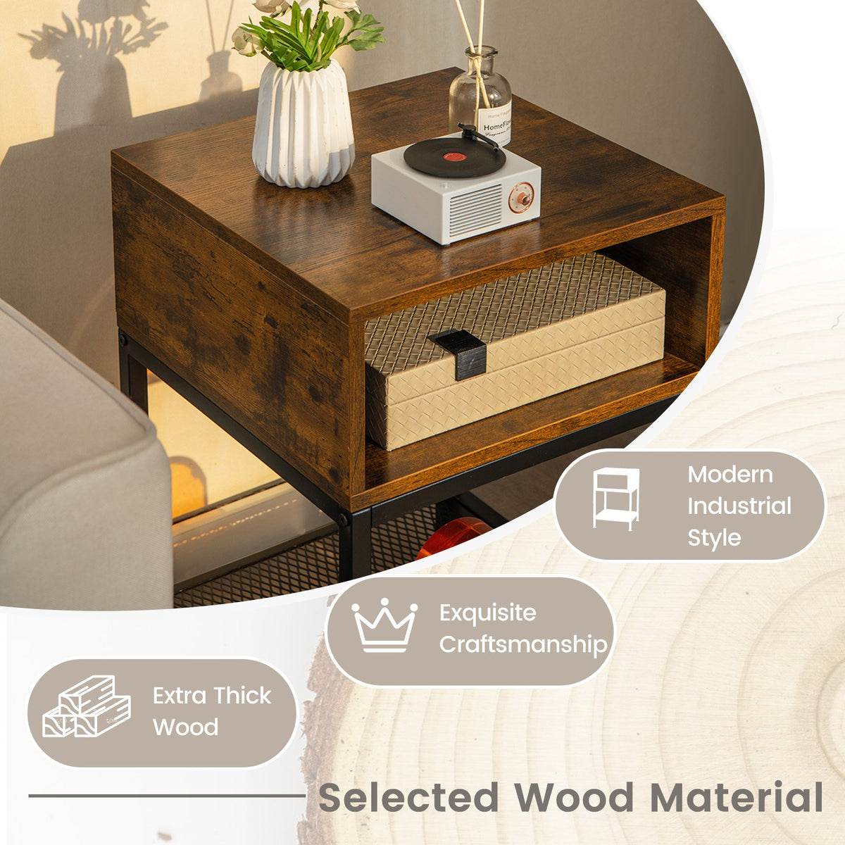 Industrial Nightstand End Side Table with Mesh Shelf view 8