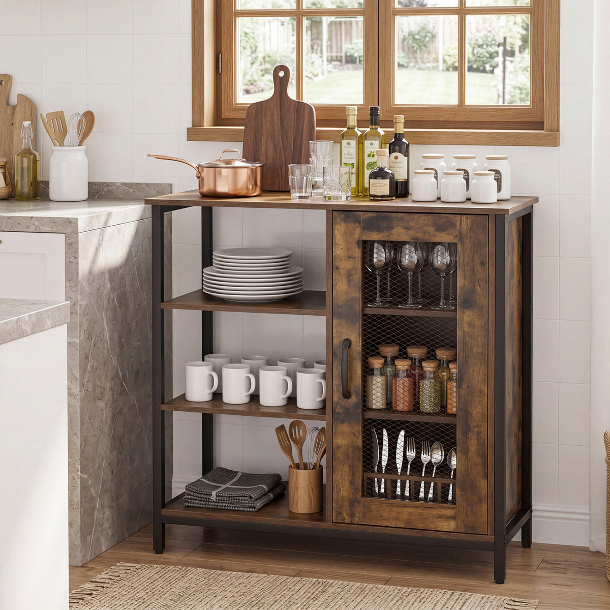 Industrial Side Cabinet with Metal Mesh Door and 3 Open Shelves-Rustic Brown view 2