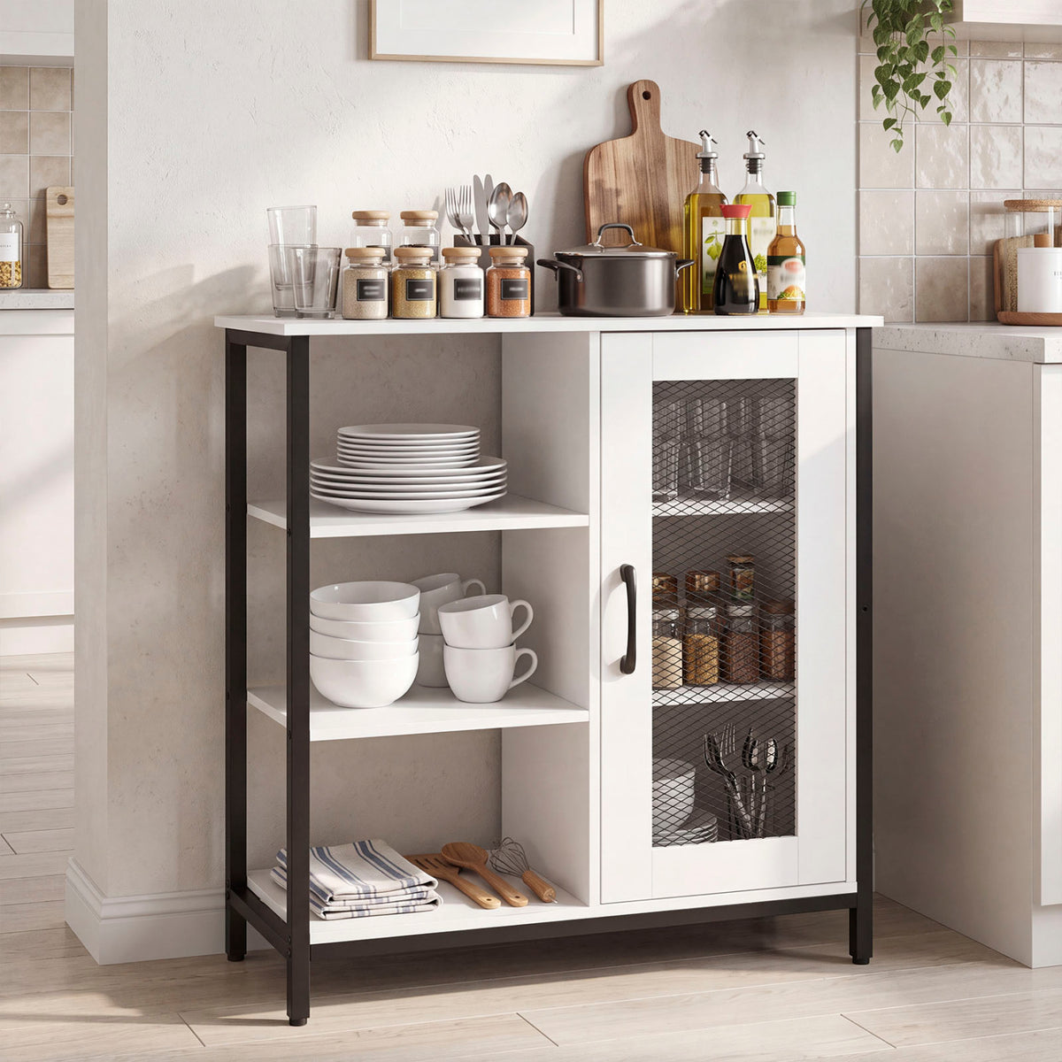 Industrial Side Cabinet with Metal Mesh Door and 3 Open Shelves-White view 2