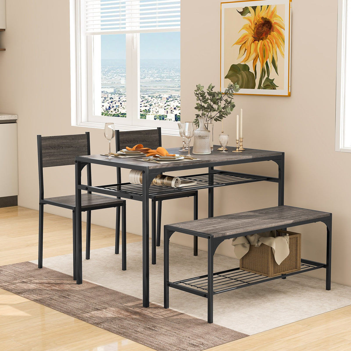 Industrial Style Rectangular Kitchen Table with Bench and Chairs-Gray view 2