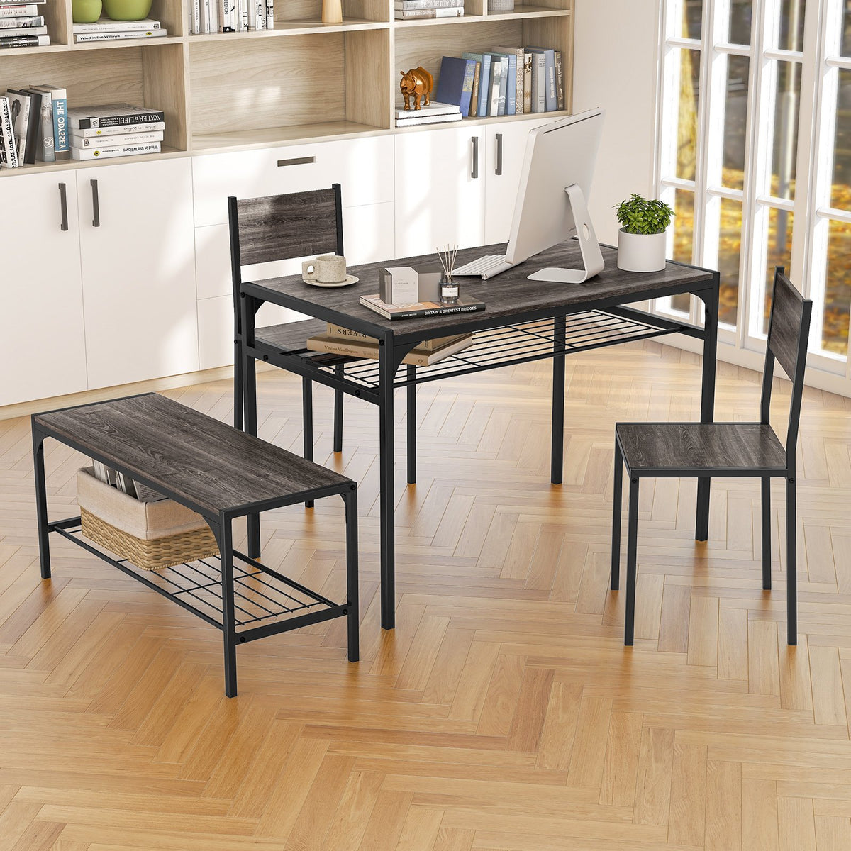 Industrial Style Rectangular Kitchen Table with Bench and Chairs-Gray view 3
