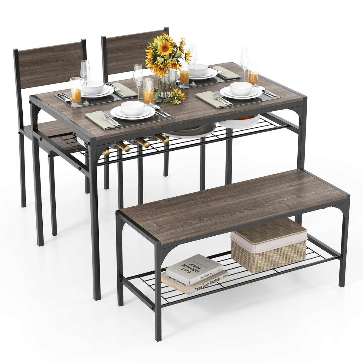 Industrial Style Rectangular Kitchen Table with Bench and Chairs-Gray view 4