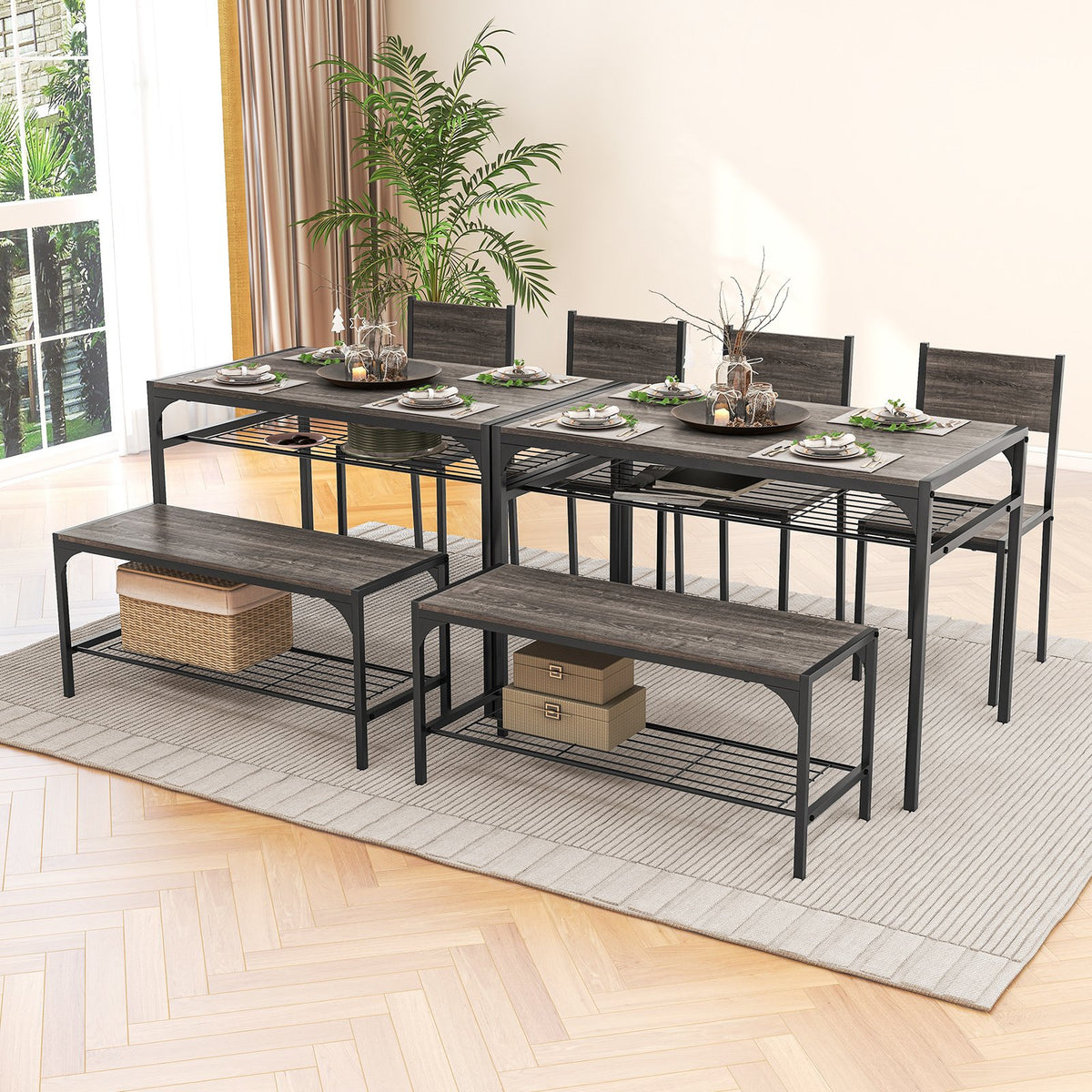 Industrial Style Rectangular Kitchen Table with Bench and Chairs-Gray view 6