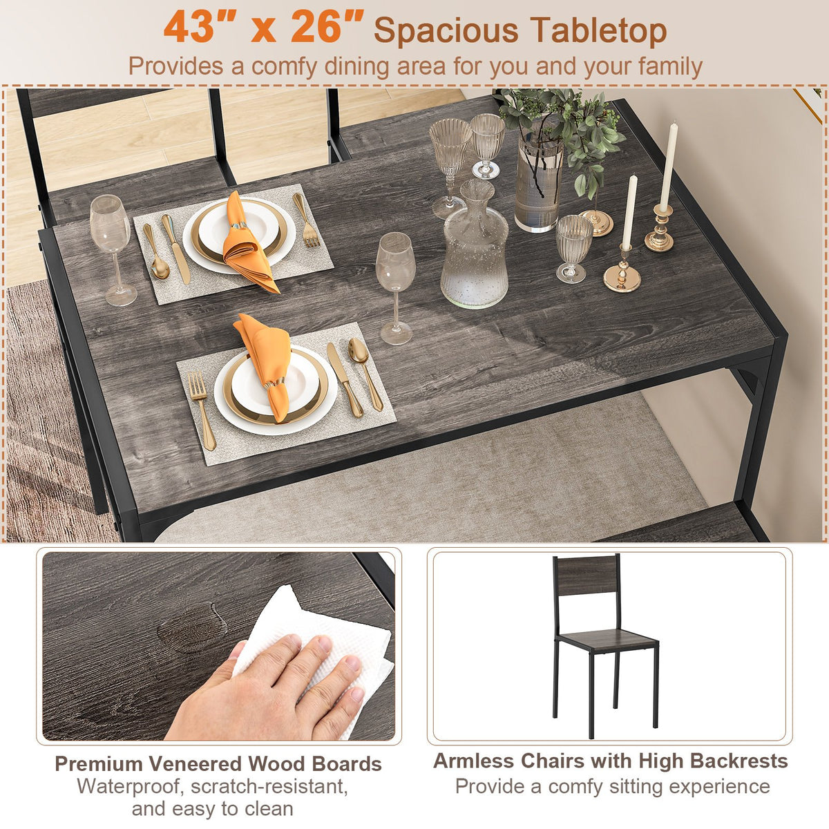 Industrial Style Rectangular Kitchen Table with Bench and Chairs-Gray view 7