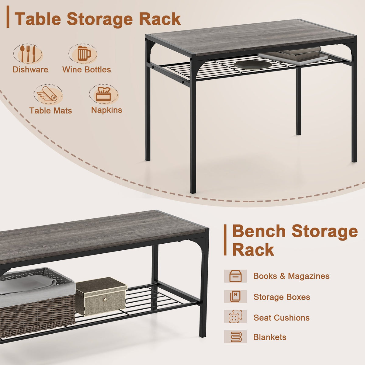 Industrial Style Rectangular Kitchen Table with Bench and Chairs-Gray view 8