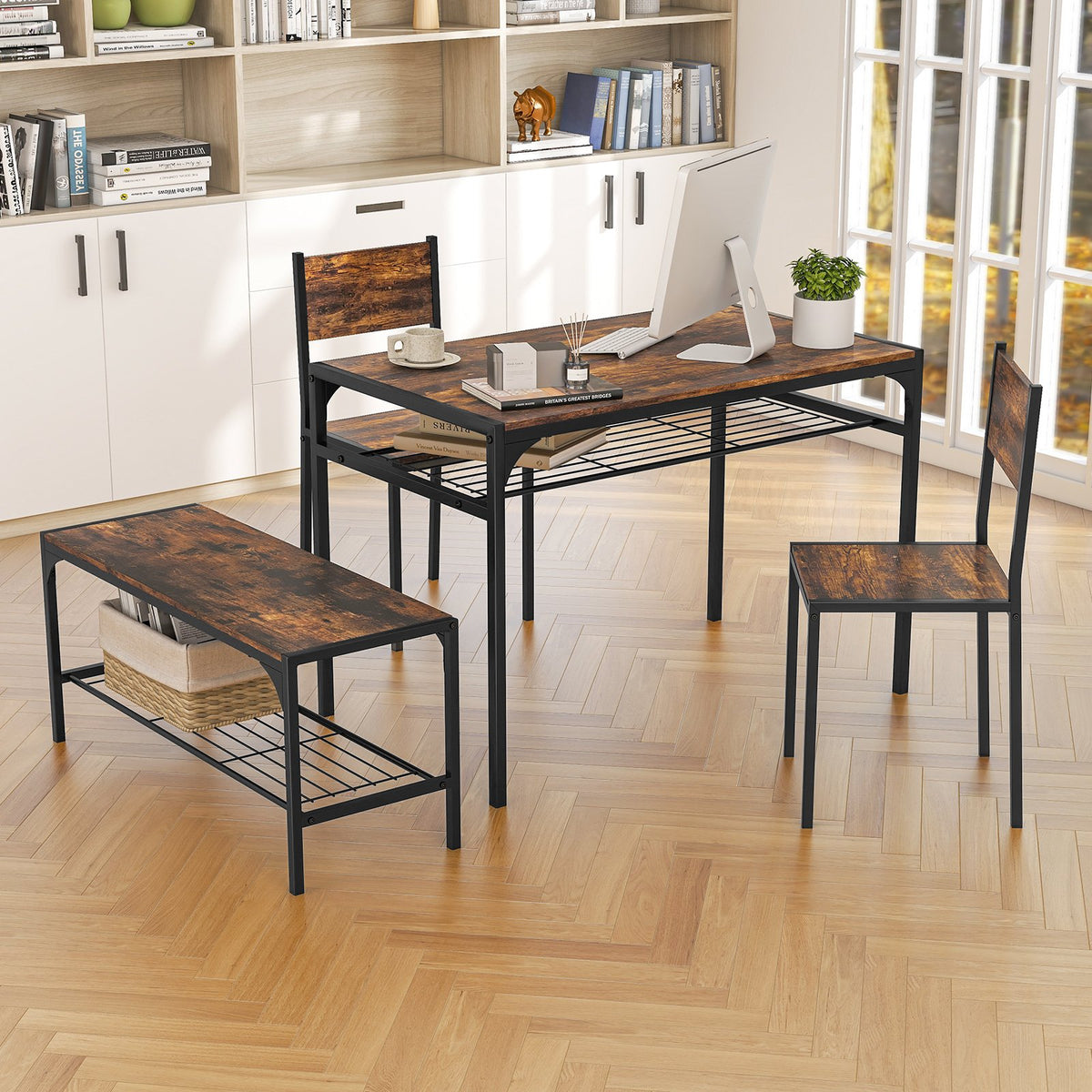Industrial Style Rectangular Kitchen Table with Bench and Chairs-Rustic Brown view 2