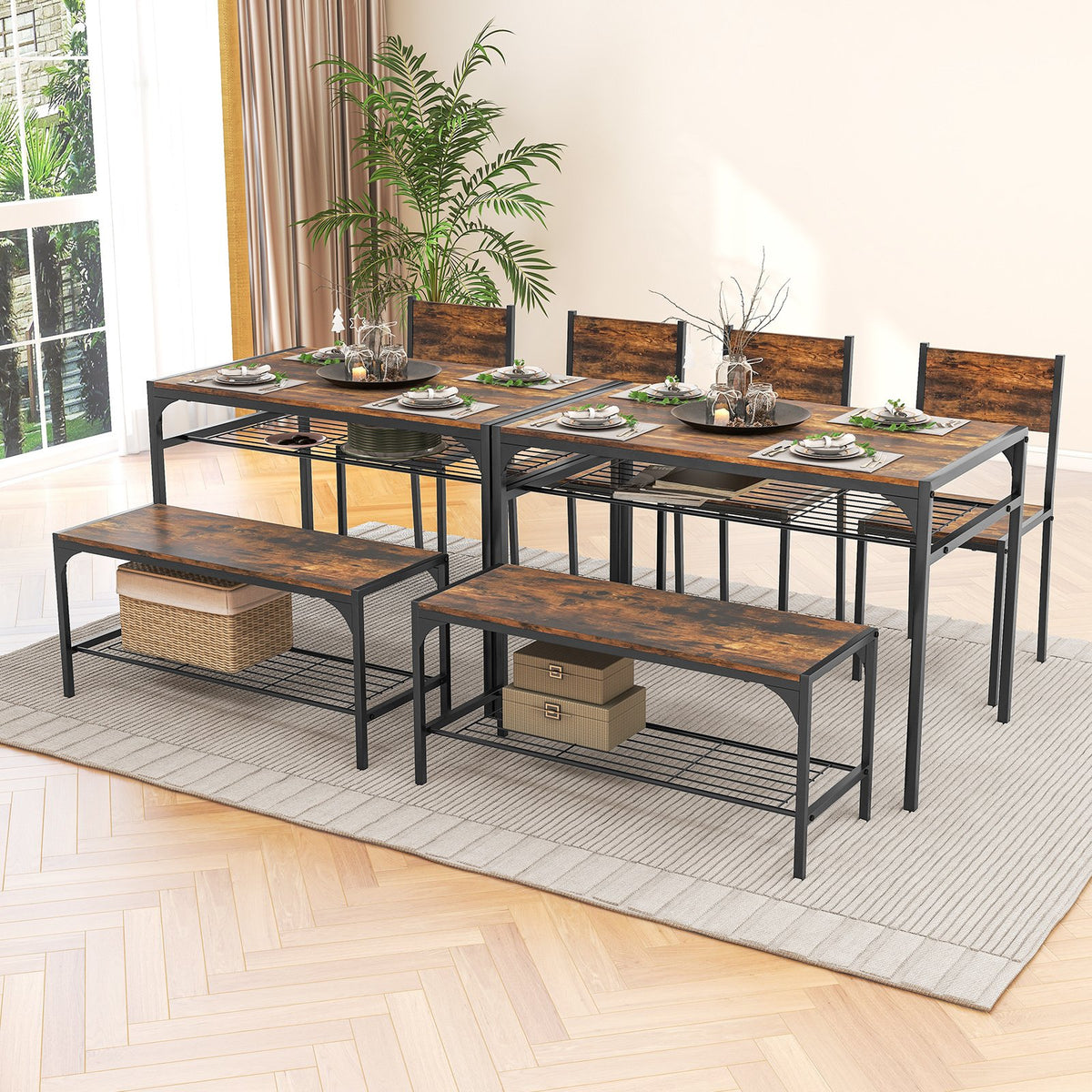 Industrial Style Rectangular Kitchen Table with Bench and Chairs-Rustic Brown view 3