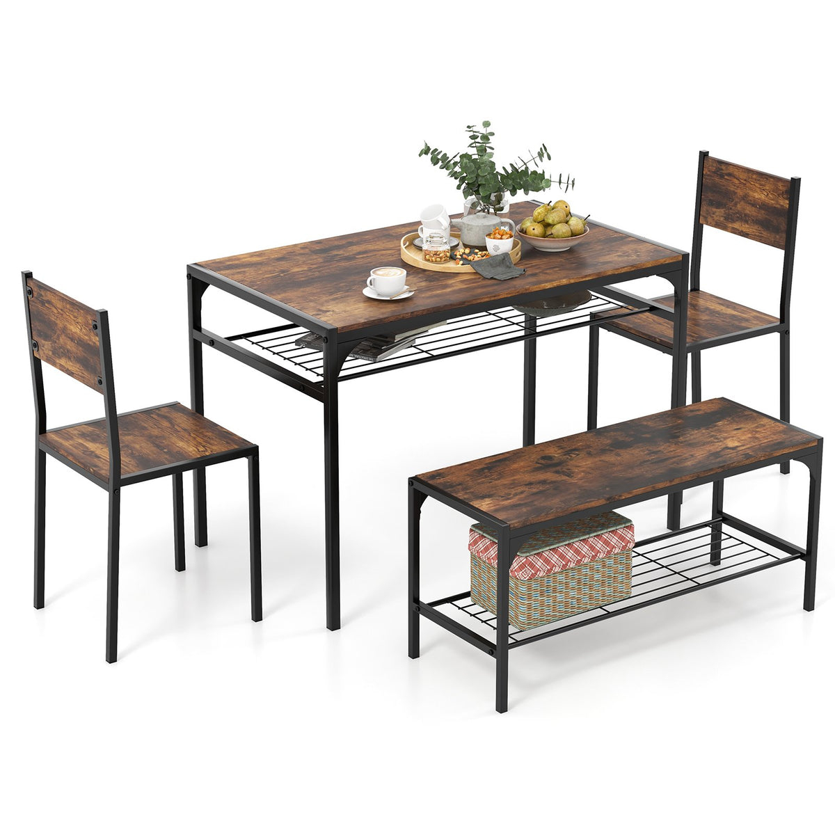 Industrial Style Rectangular Kitchen Table with Bench and Chairs-Rustic Brown view 4
