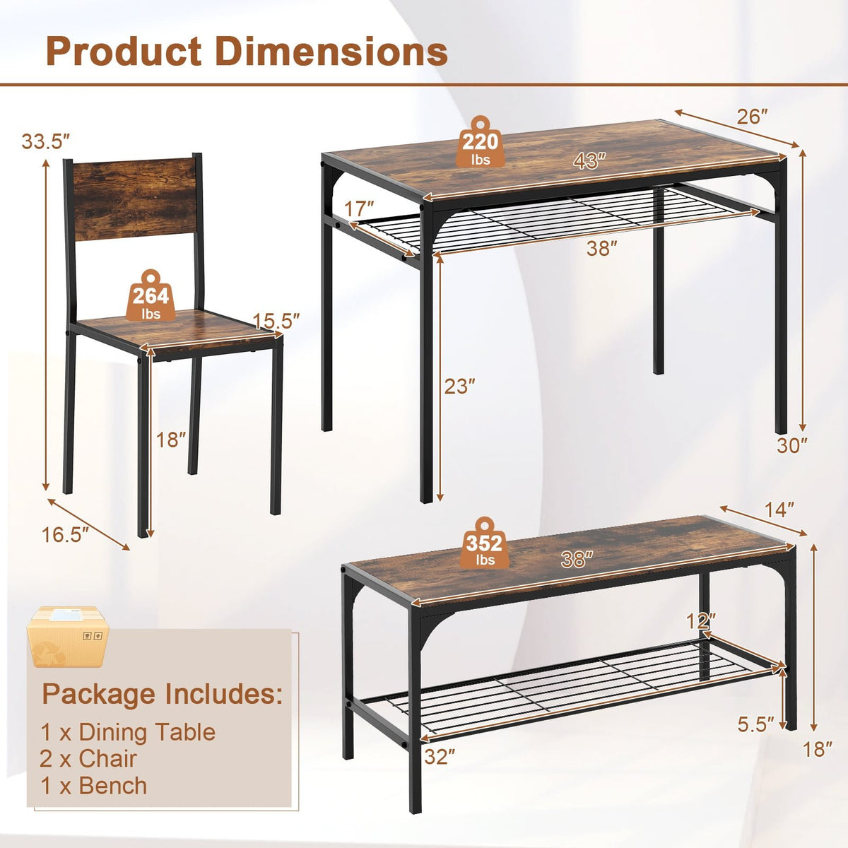 Industrial Style Rectangular Kitchen Table with Bench and Chairs-Rustic Brown view 5