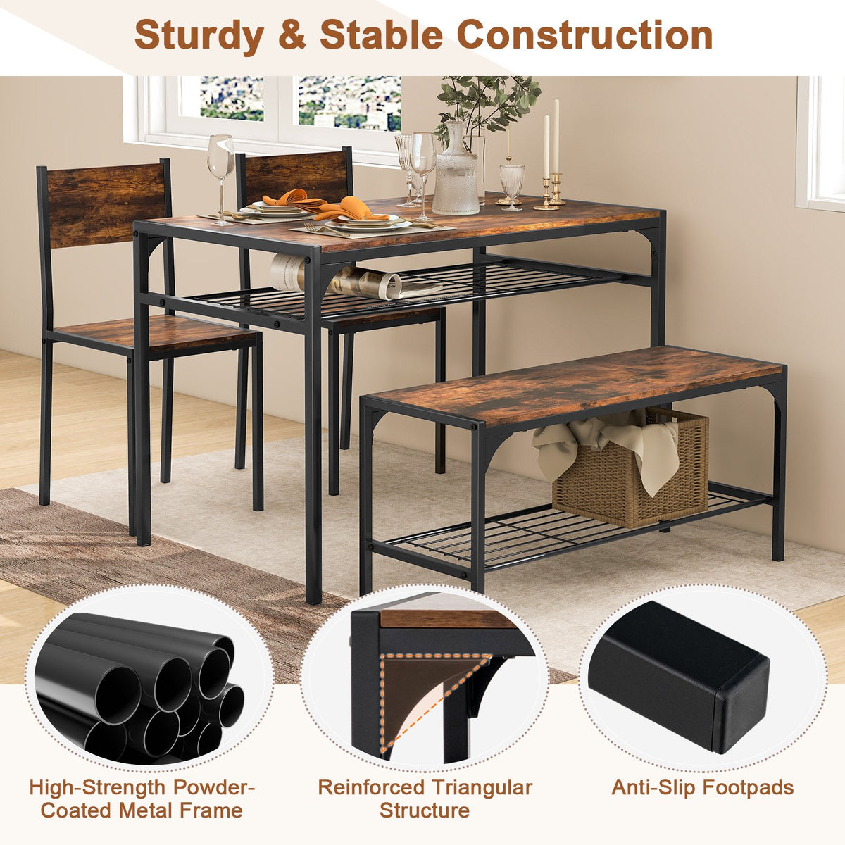 Industrial Style Rectangular Kitchen Table with Bench and Chairs-Rustic Brown view 8