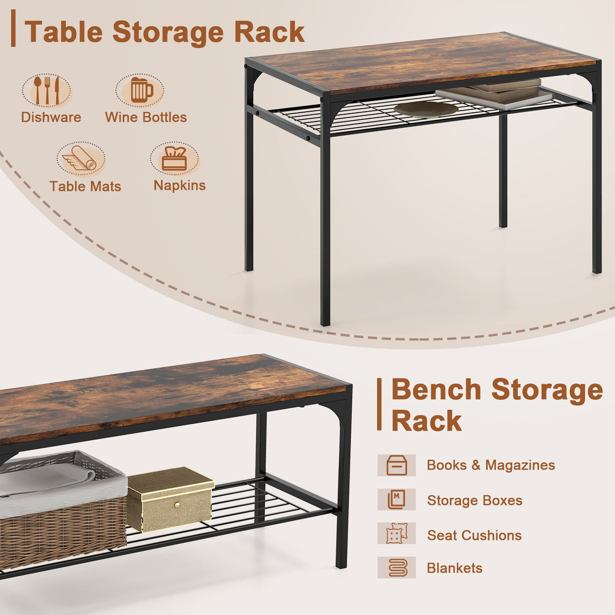 Industrial Style Rectangular Kitchen Table with Bench and Chairs-Rustic Brown view 9