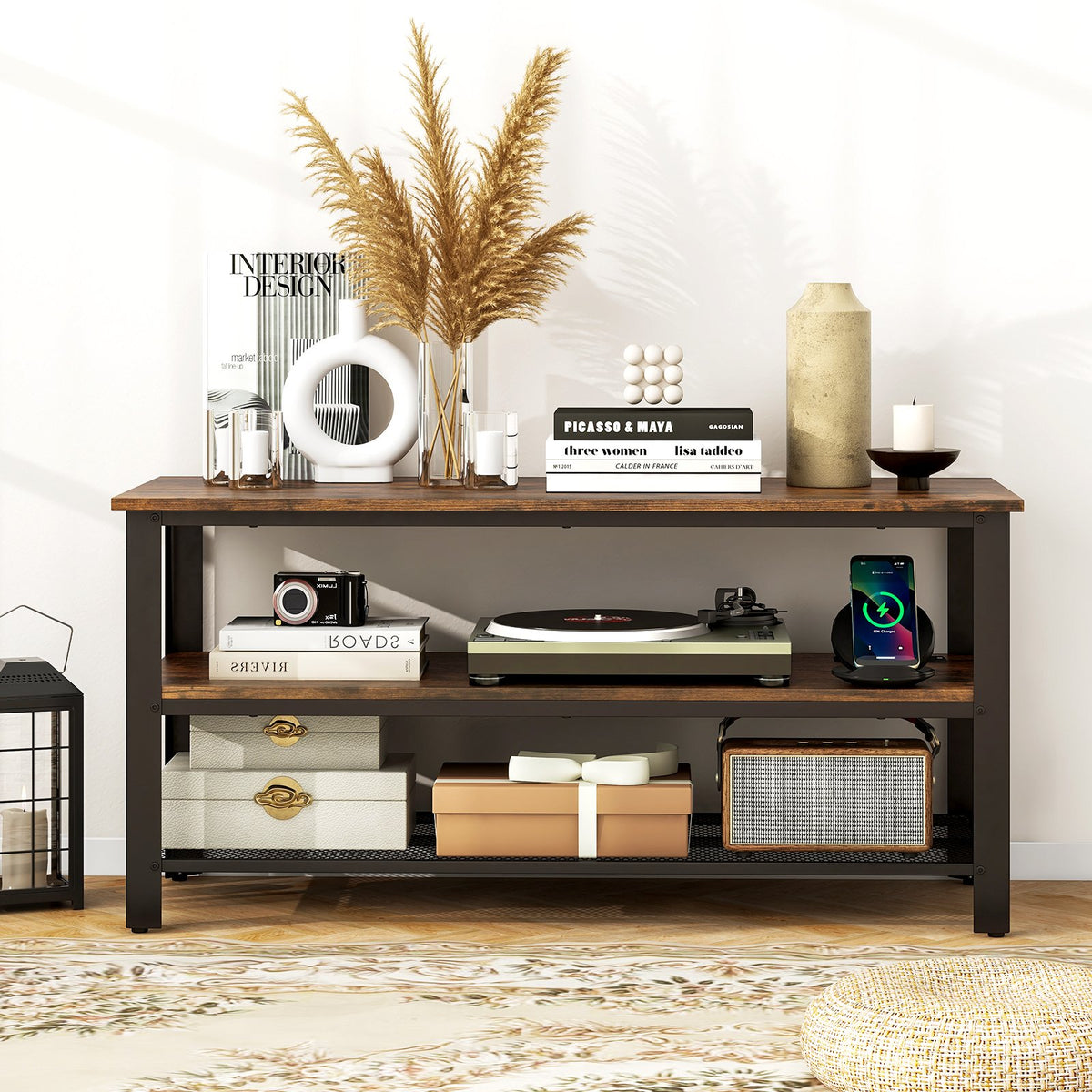 Industrial TV Stand up to 50 Inches with Power Outlets and USB Ports-Rustic Brown view 3
