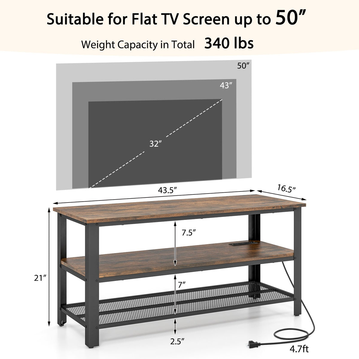 Industrial TV Stand up to 50 Inches with Power Outlets and USB Ports-Rustic Brown view 4