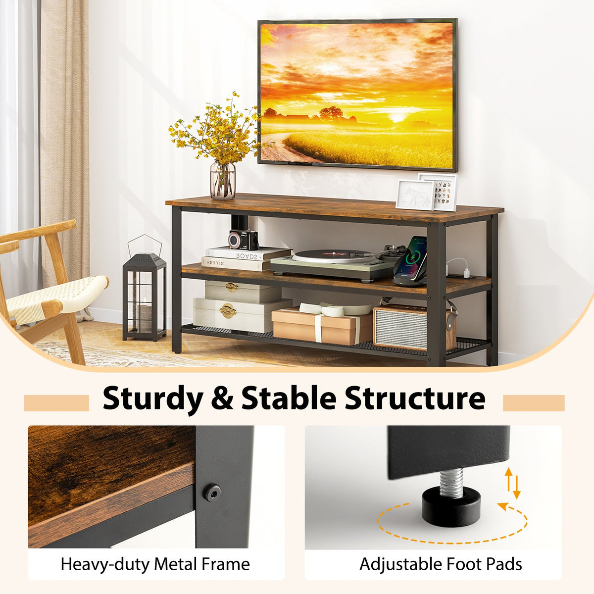 Industrial TV Stand up to 50 Inches with Power Outlets and USB Ports-Rustic Brown view 7