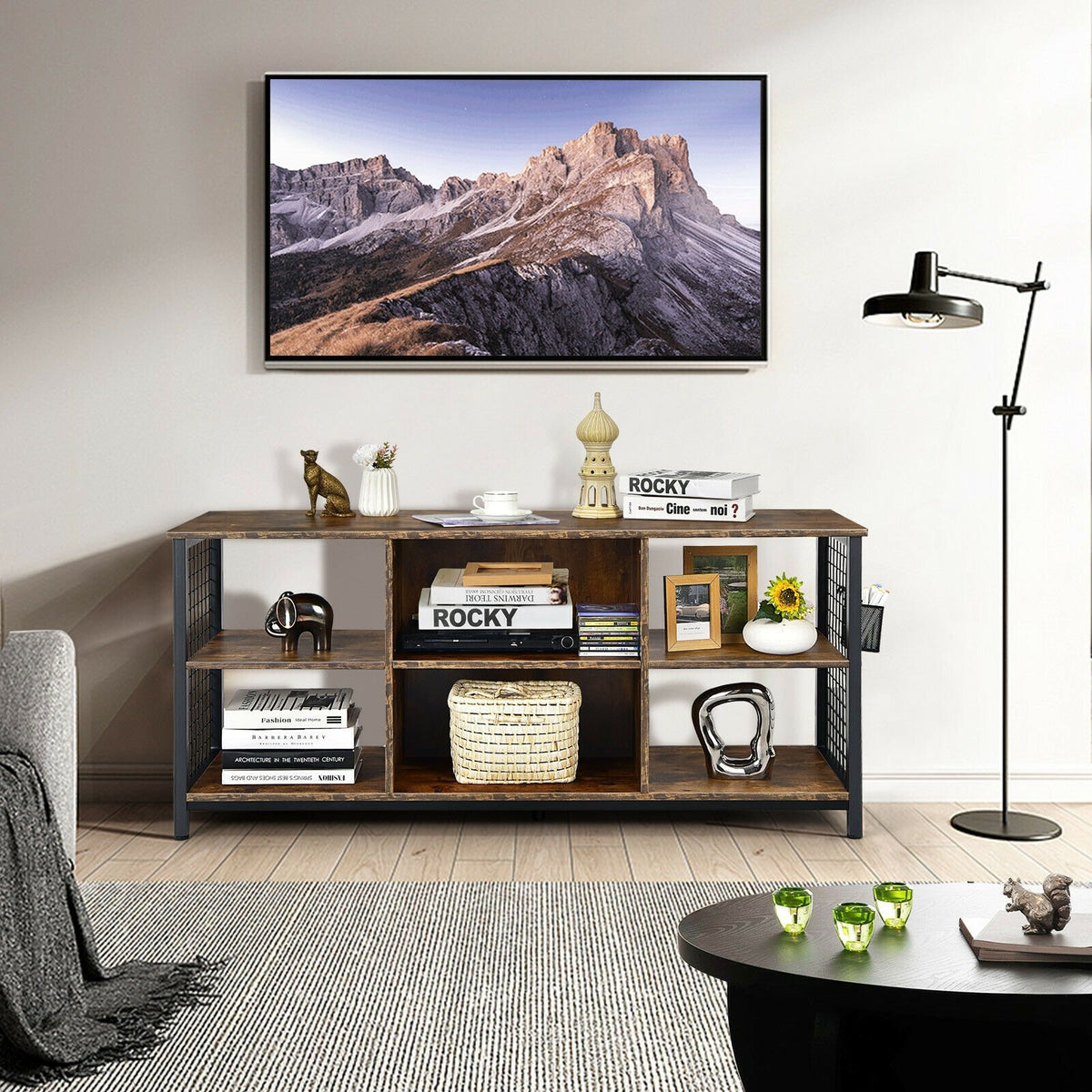 Mid-Century Wooden TV Stand with Storage Basket for TVs up to 65 Inch-Rustic Brown view 2