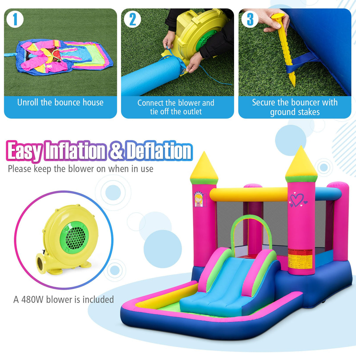 Inflatable Bounce House 4-in-1 Kids Princess-themed Bouncer Blow-up Bouncy Castle with 480 Blower view 6