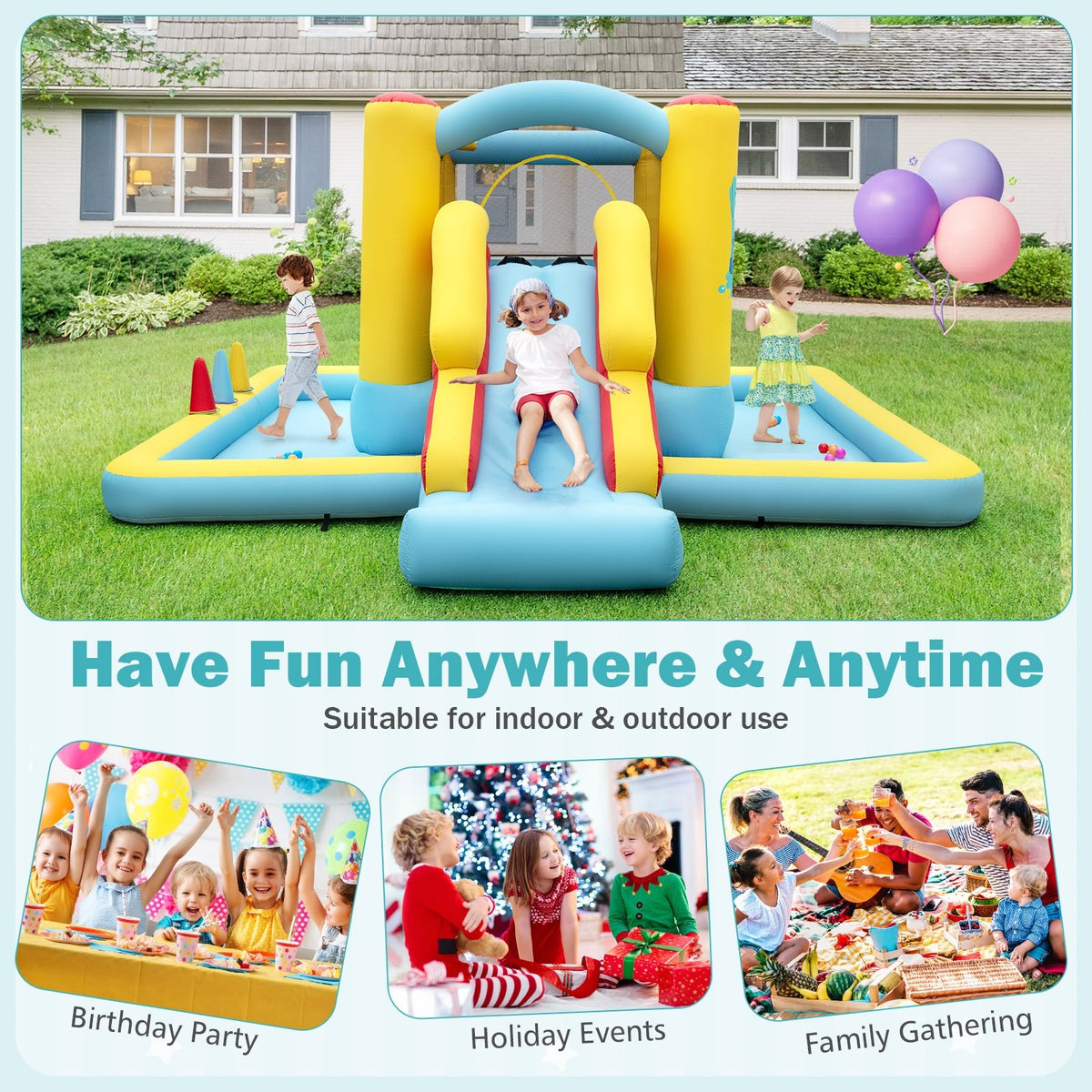 Inflatable Bounce House 7-in-1 Bouncy Castle with Slide and Tunnel without Blower view 9
