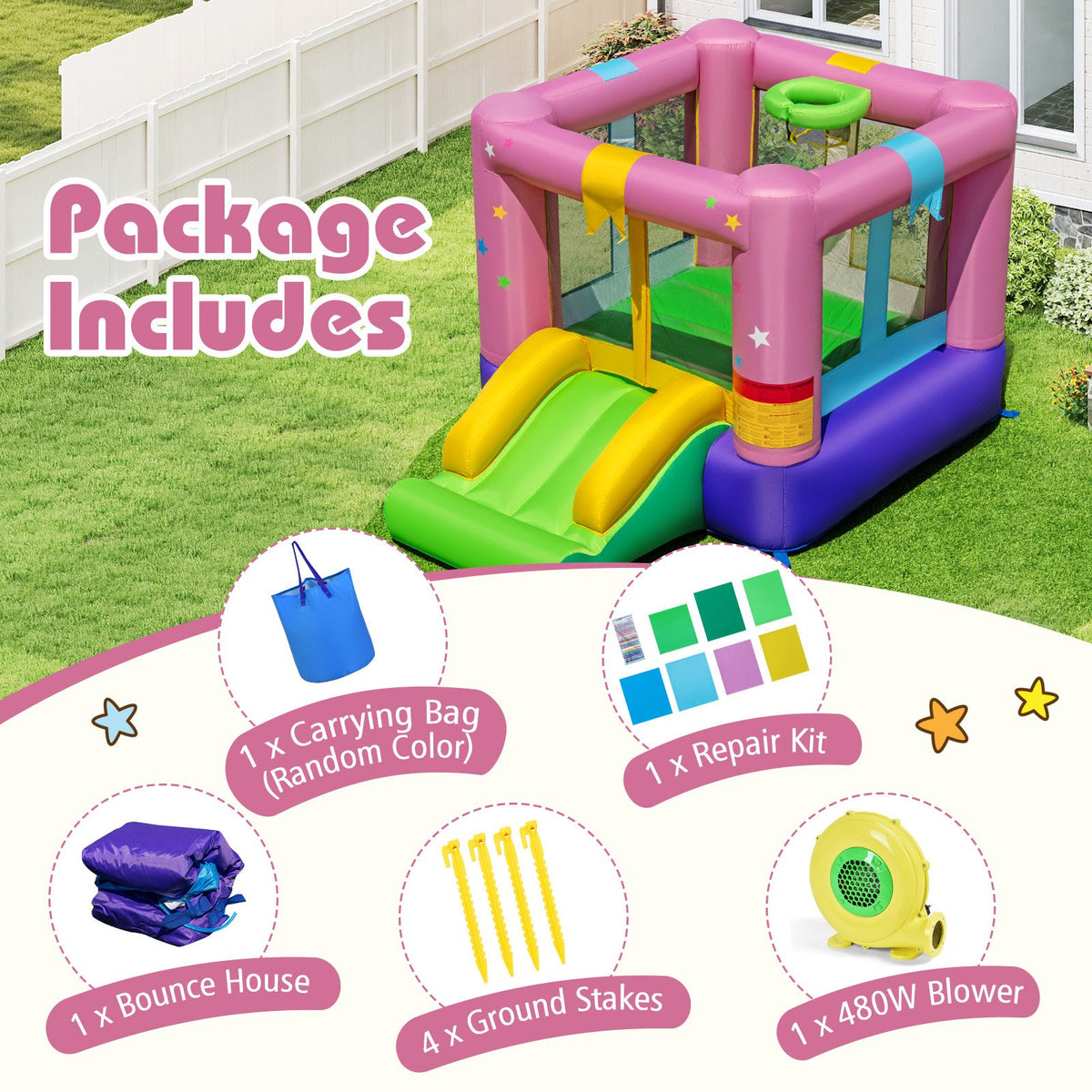 Inflatable Bounce House with 480W Blower and Carrying Bag for Party view 6