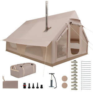 Inflatable, Easy Setup 4 Season Waterproof Oxford Camping Tent for Camping with Stove Jack for 6-10 Person-Beige