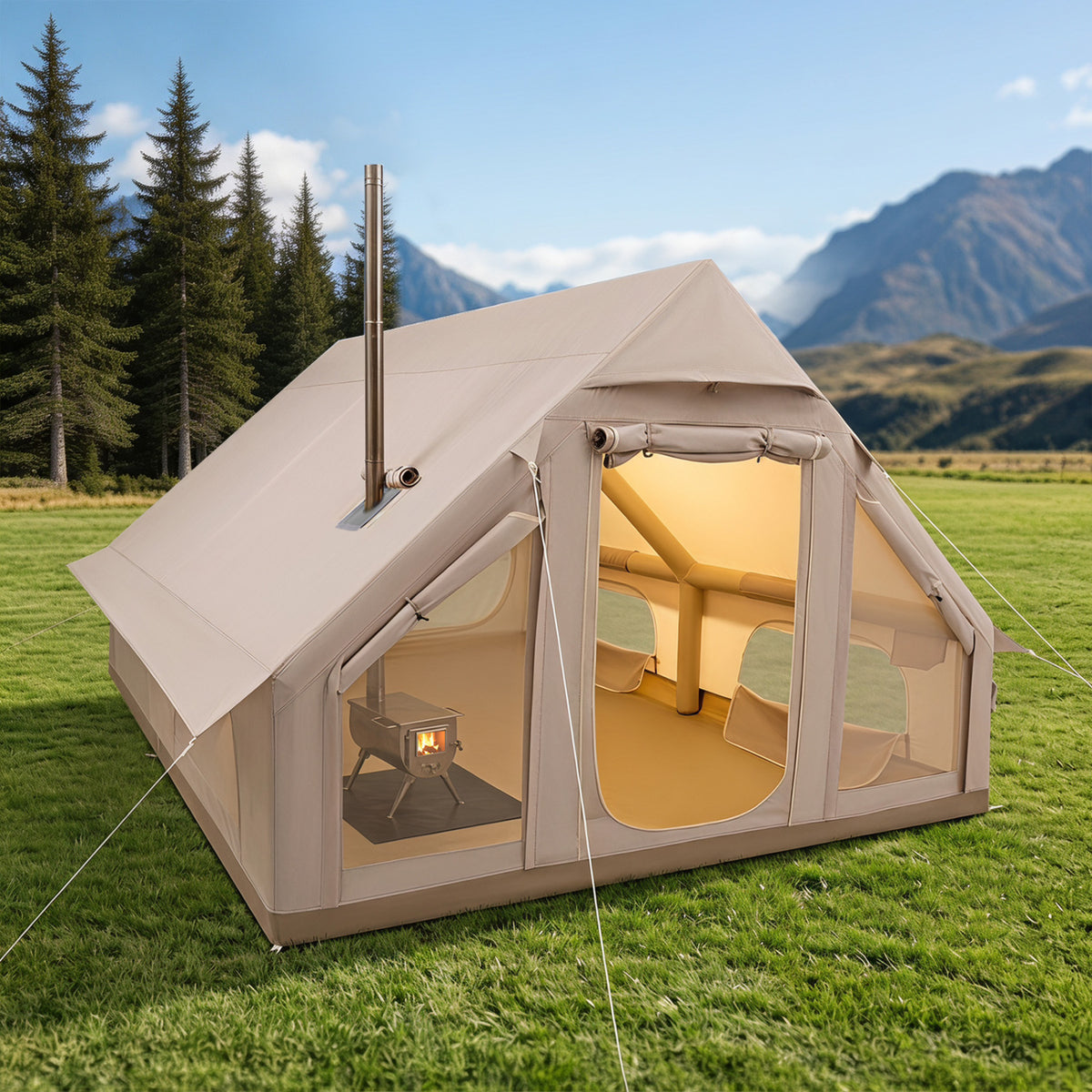 Inflatable, Easy Setup 4 Season Waterproof Oxford Camping Tent for Camping with Stove Jack for 6-10 Person-Beige view 3