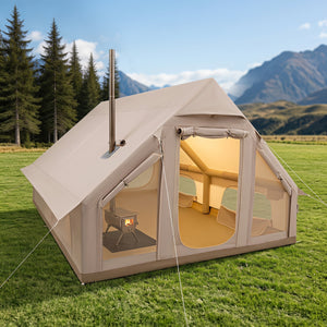 Inflatable, Easy Setup 4 Season Waterproof Oxford Camping Tent for Camping with Stove Jack for 6-10 Person-Beige view 3