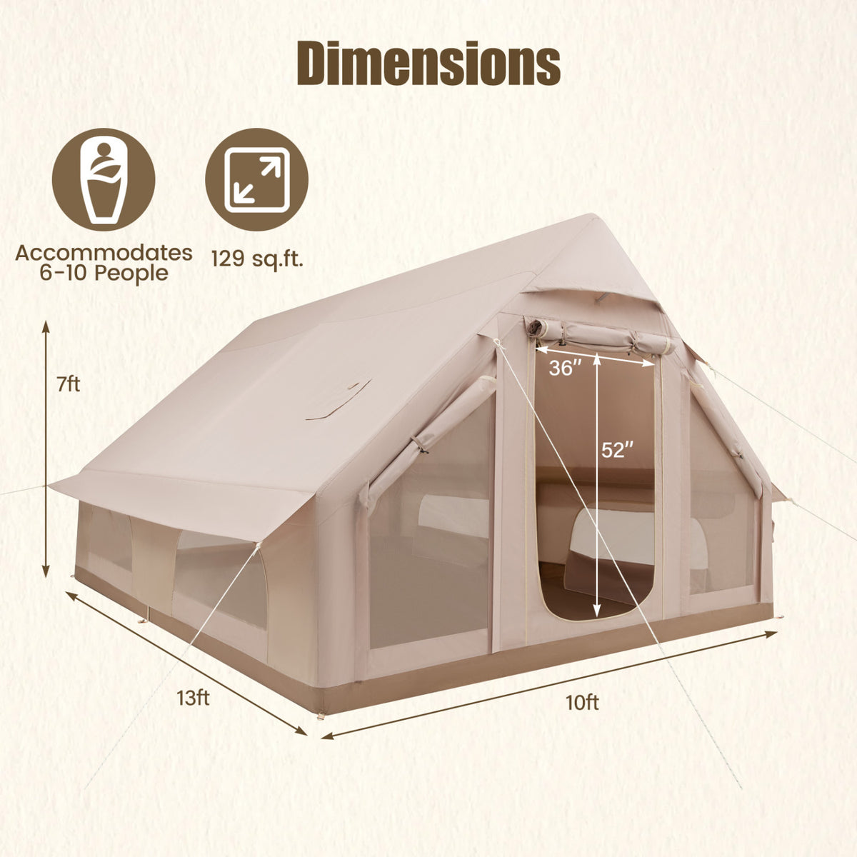 Inflatable, Easy Setup 4 Season Waterproof Oxford Camping Tent for Camping with Stove Jack for 6-10 Person-Beige view 4