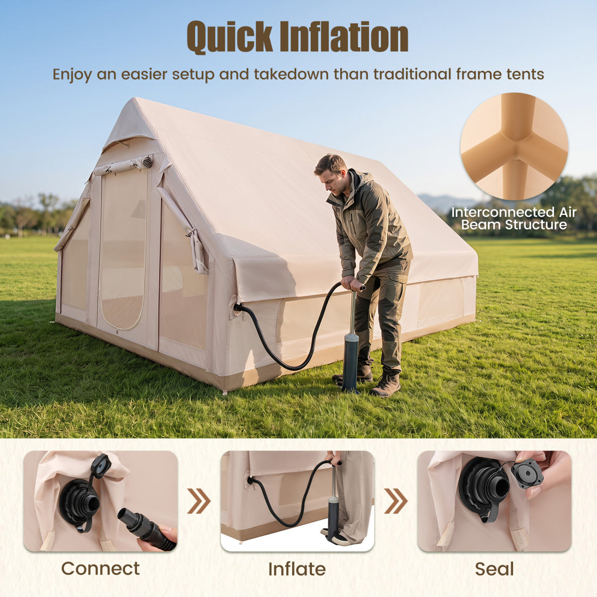 Inflatable, Easy Setup 4 Season Waterproof Oxford Camping Tent for Camping with Stove Jack for 6-10 Person-Beige view 5