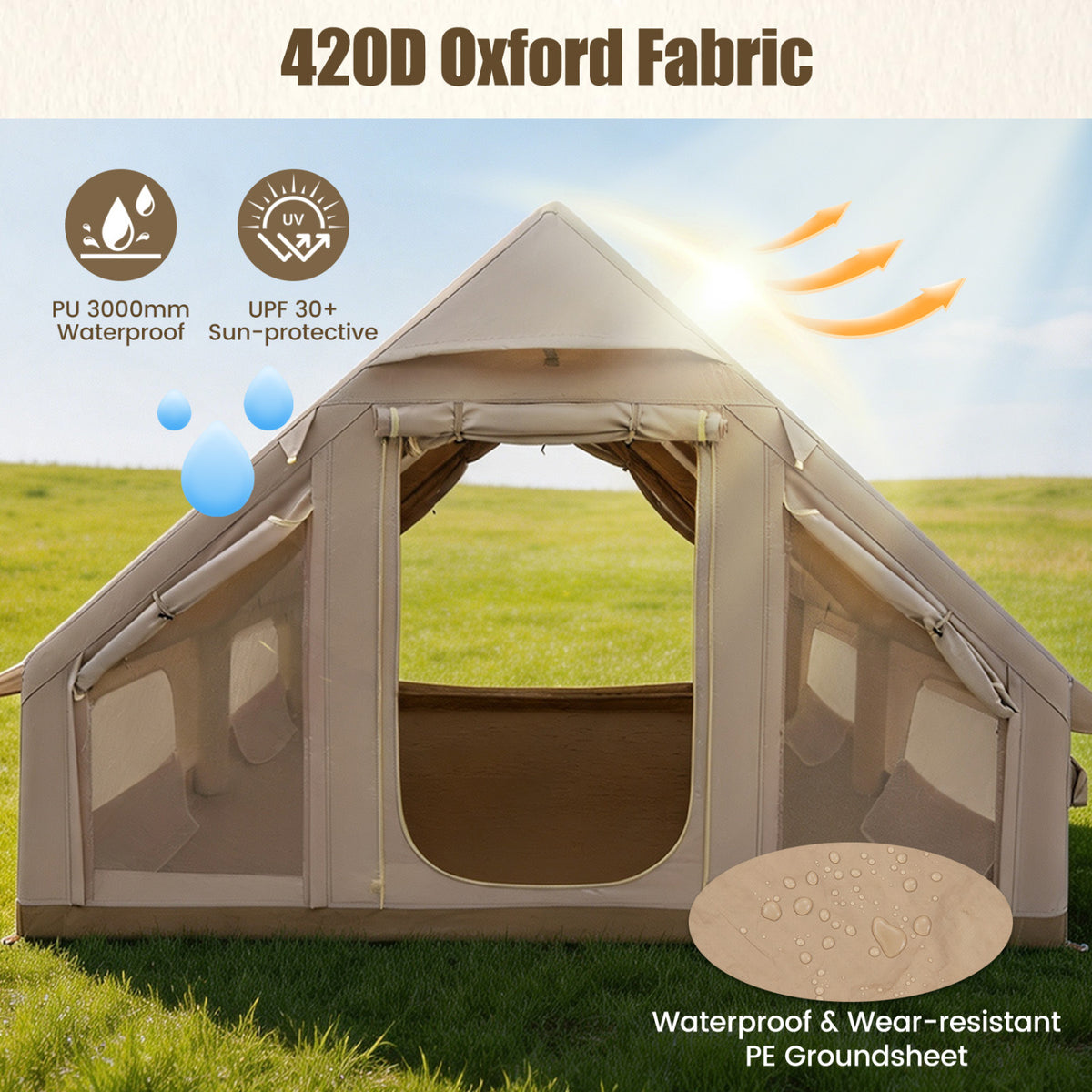 Inflatable, Easy Setup 4 Season Waterproof Oxford Camping Tent for Camping with Stove Jack for 6-10 Person-Beige view 6