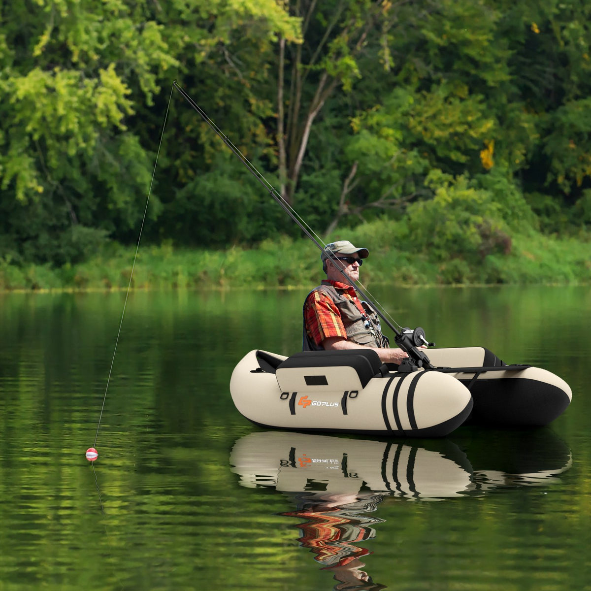 Inflatable Fishing Float Tube with Fish Ruler and Pump Storage Pockets-Beige view 2
