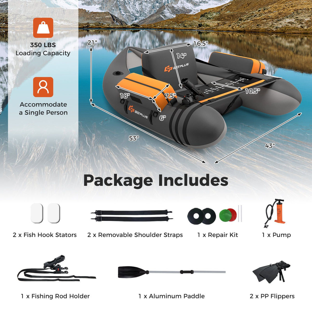 Inflatable Fishing Float Tube with Fish Ruler and Pump Storage Pockets-Gray view 4