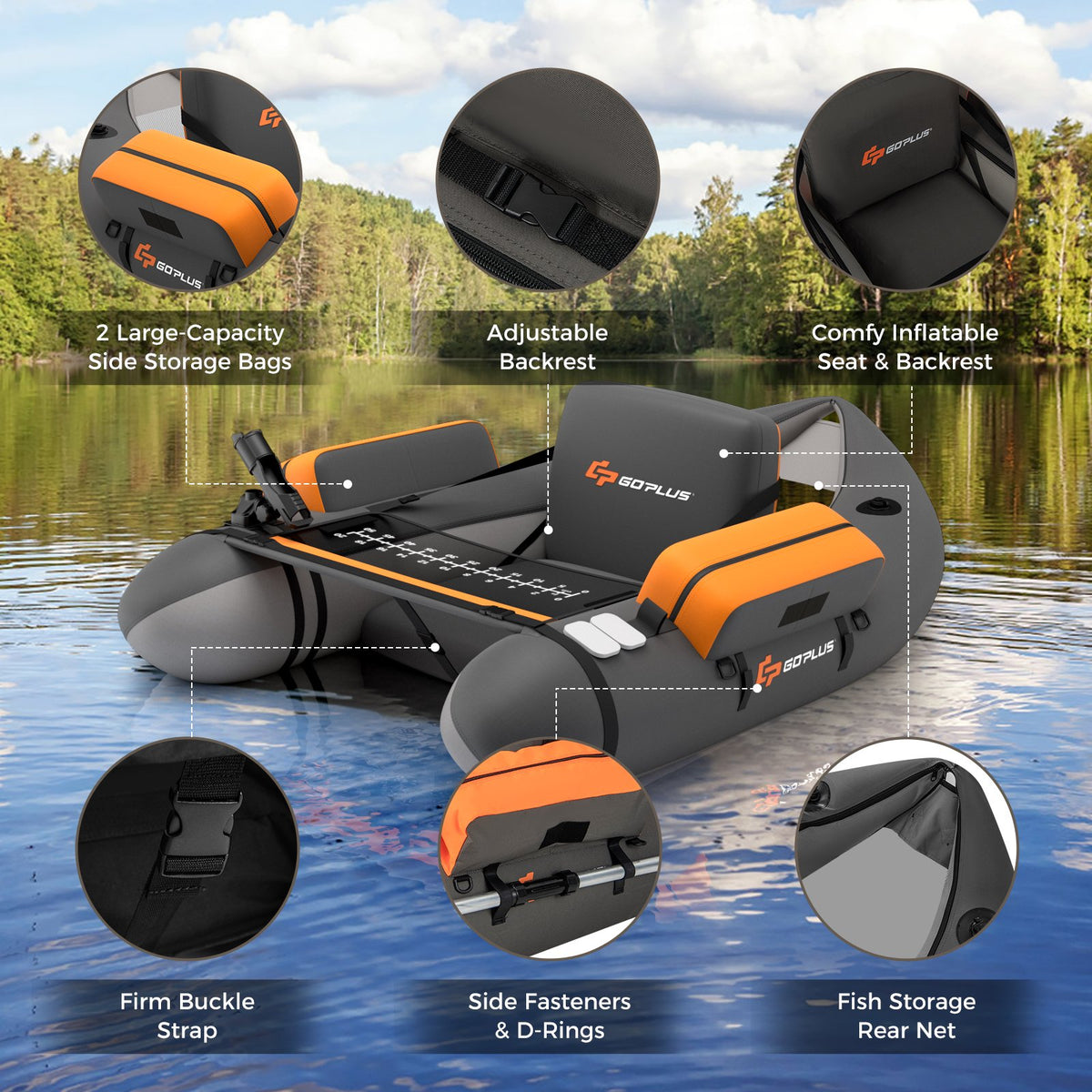 Inflatable Fishing Float Tube with Fish Ruler and Pump Storage Pockets-Gray view 6