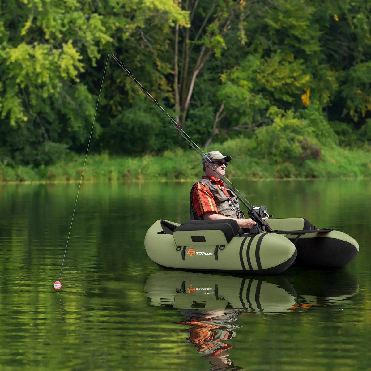Inflatable Fishing Float Tube with Storage Pockets and Fish Ruler-Green view 2
